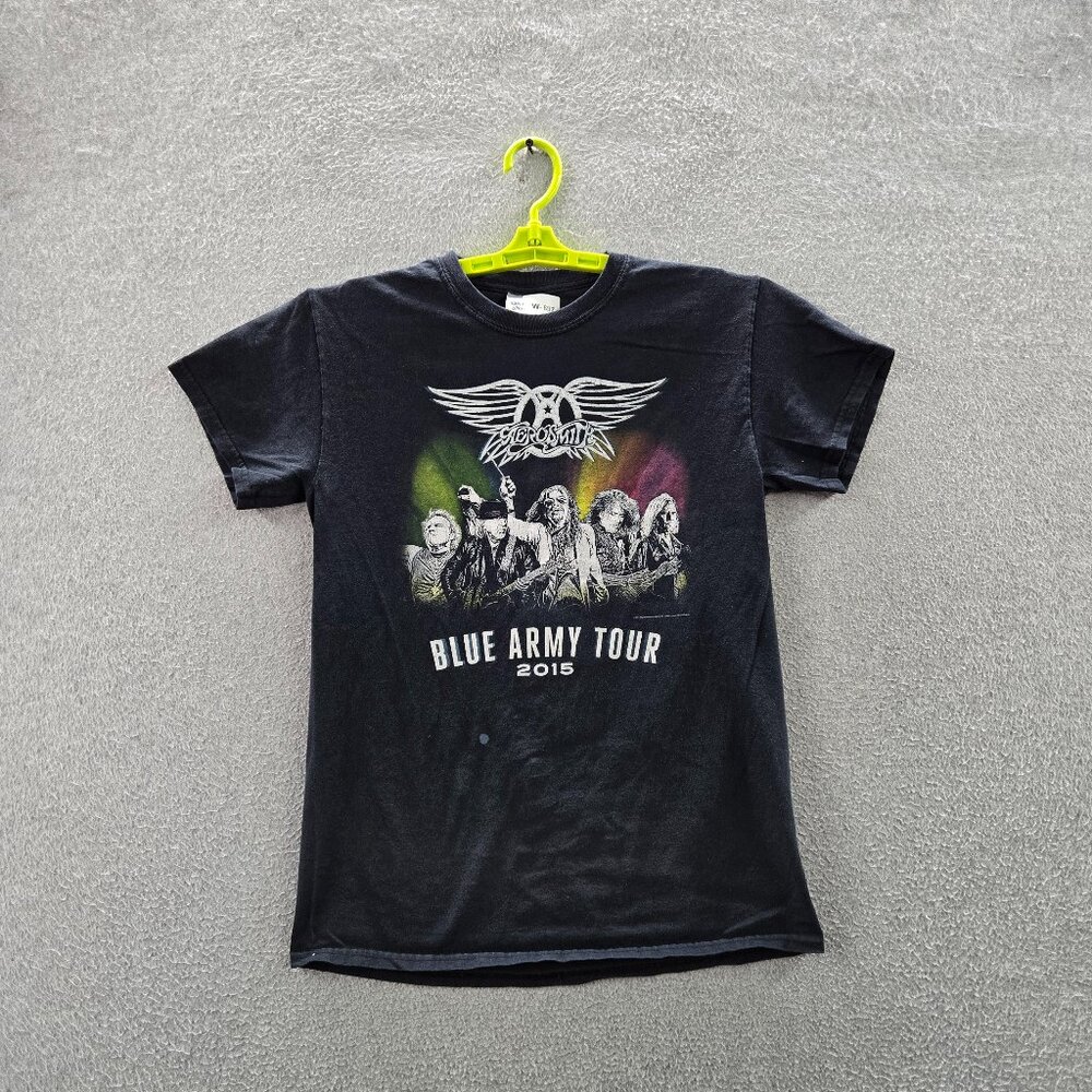 Aerosmith Men Shirt SMALL Black Graphic Band Tour Blue Army Tour‎ Tee 2015